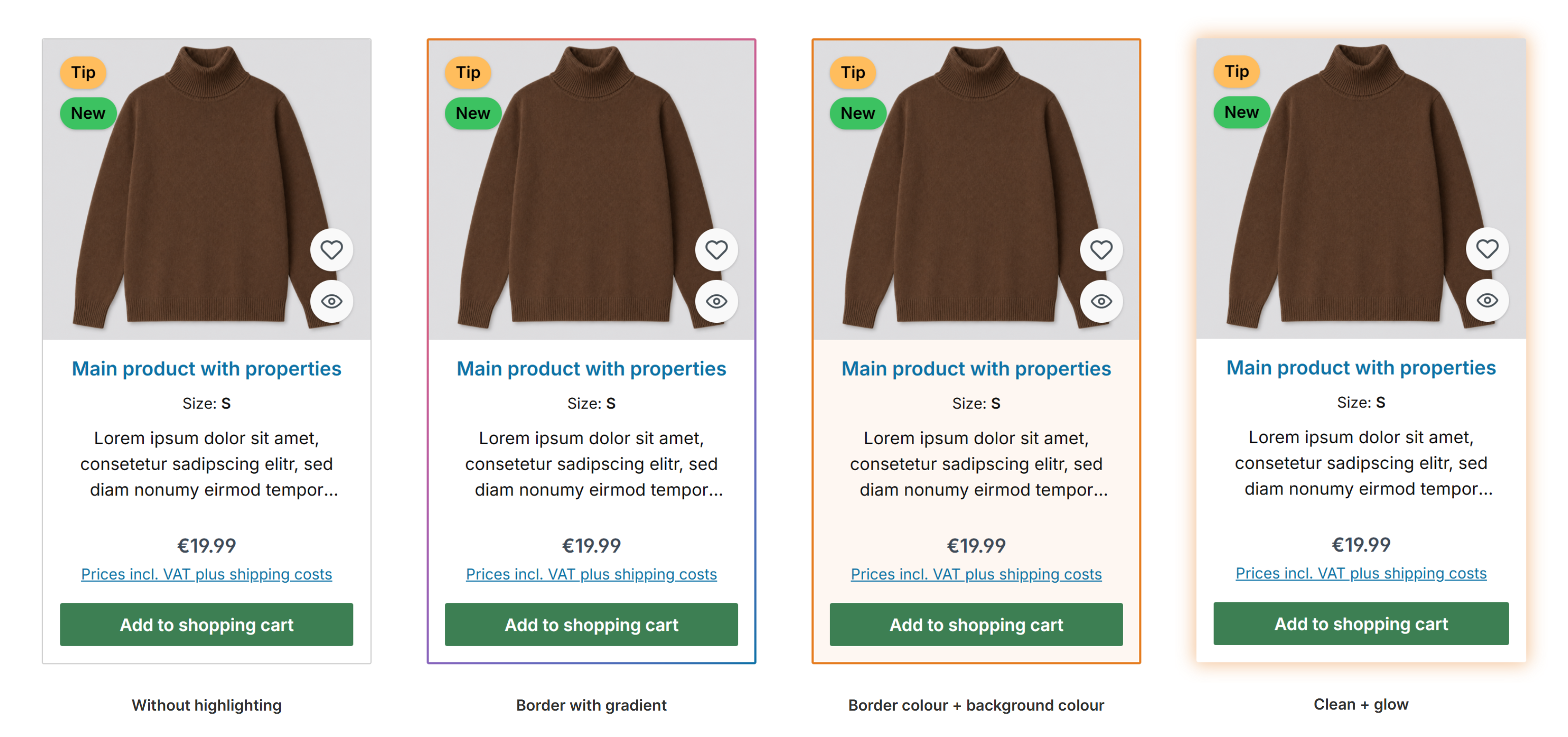 Topseller product box in the listing: without highlighting, with border with gradient, with border colour and background colour and clean with glow